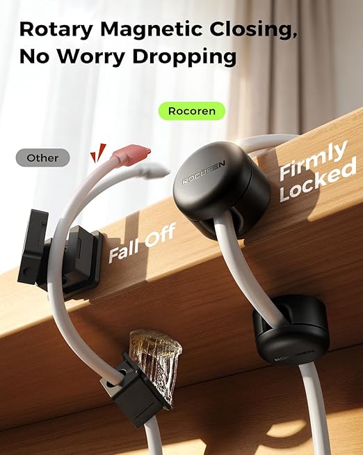 Rocoren 9 Pack Cable Clips [Upgraded], Magnetic 360° Rotatable Cord Holder, Adhesive Cable Management Organizer, Wire Keeper for Nightstand Desk Car Home Office Accessories