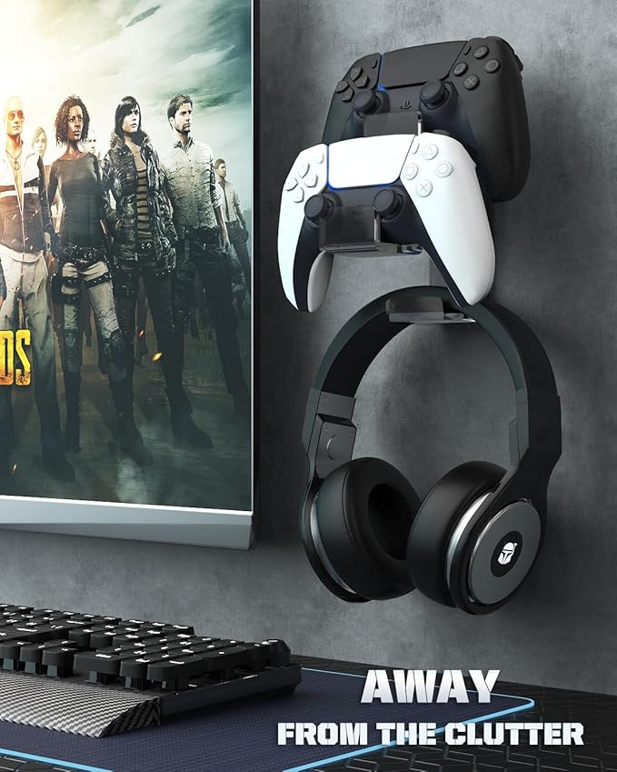 Controller Holder, Moko Dual Gamepad Headphone Hanger & Controller Fits STEAM, PS3, PS4, PS5, Xbox 360, PC, Switch/Switch 2, Wall Mount Stand for All Kinds of Headsets, Clear, Clear