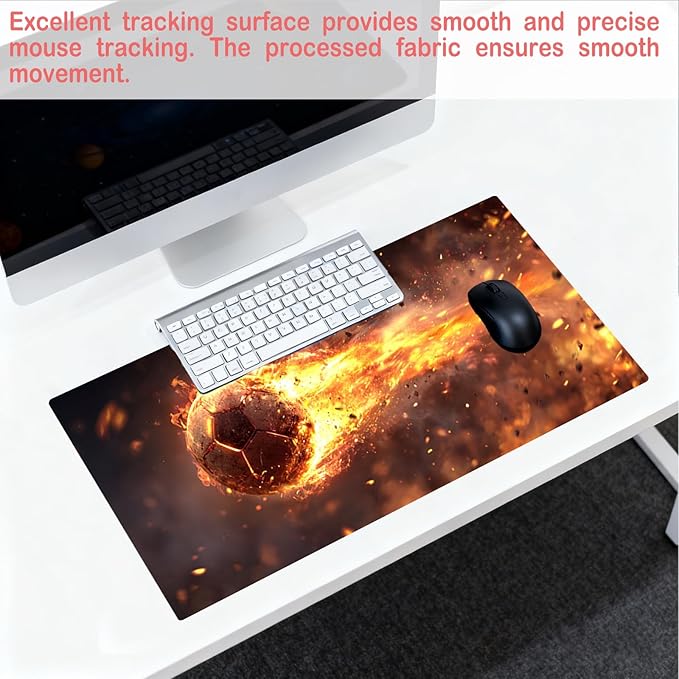 Nuxovilar Professional Large Mouse Pad & Computer Game Mouse Mat (35.4x15.7IN, Fiery Orb Art, Football, Soccer) (90 * 40cm Fiery Orb)