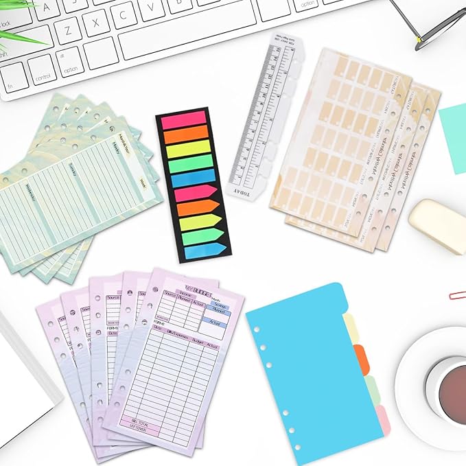 A6 Binder Planner Inserts, Monthly Weekly Planner Refills Budget Sheets, Colored Index Stickers, Binder Pockets and Today Ruler, Index Paper Divider, for A6 Binder Planner Accessories(6 Hole)