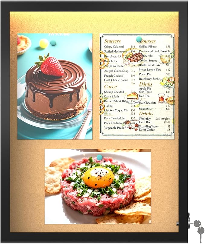 26"X20" Enclosed Bulletin Board with LED Lights, Tamper-Proof Wall Display Case,Outdoor IP65 Waterproof Lockable Cork Bulletin Board for Office, School, Restaurants,Black Frame