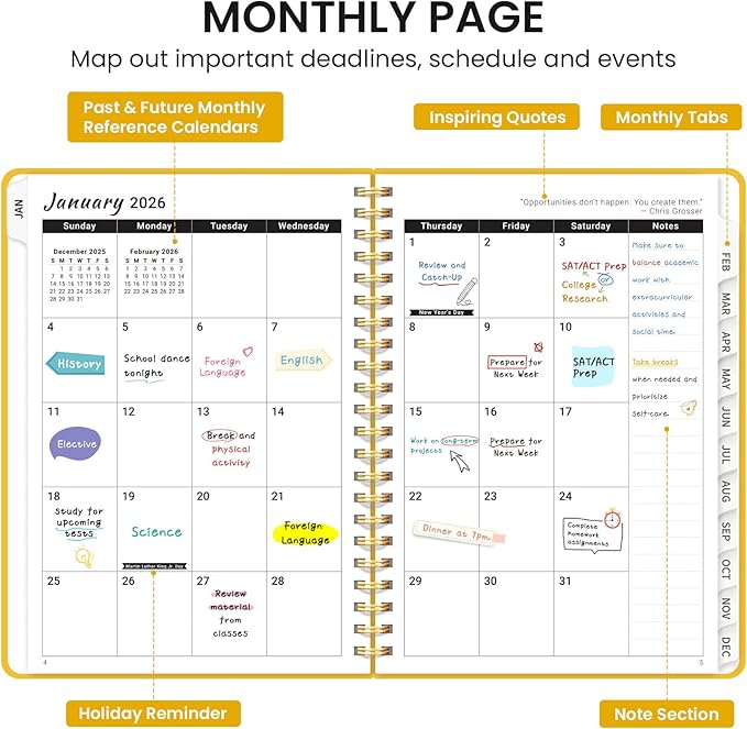2026 Planner, Weekly and Monthly Calendar Planner, January 2026 - December 2026, Hardcover 2026 Calendar Book with Tabs For Women & Men, Inner Pocket, Spiral Bound, Perfect for Office Home School Supplies - A5 (6.3" x 8.5"), Yellow