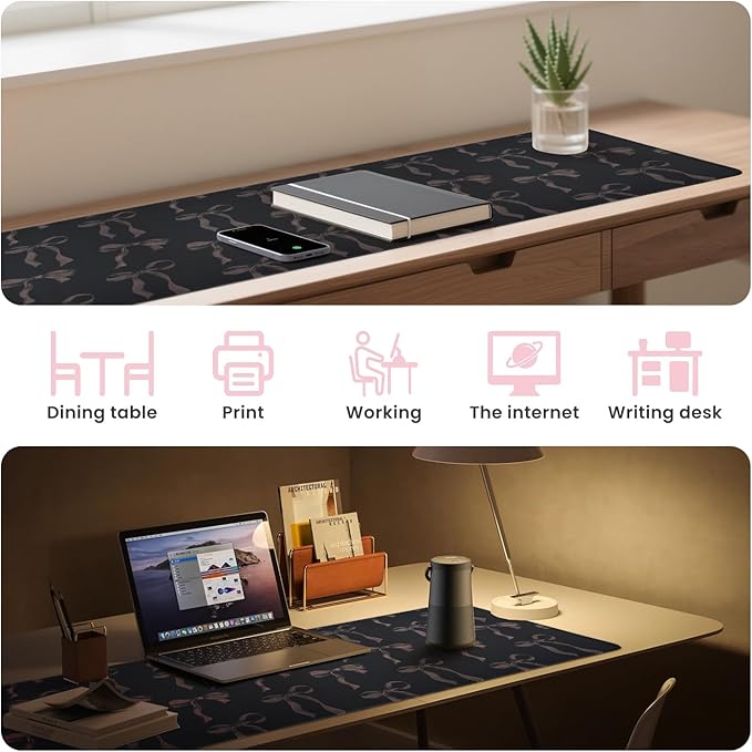 Black Bow Mouse Pad, Cute Bow Desk Mat Black Computer Mat Keyboard Pad, Non-Slip Rubber Base Large Bows Laptop Pad Desk Pad, Office Accessories Desktop Decor for Girls Women 23.6 x 11.8 Inch