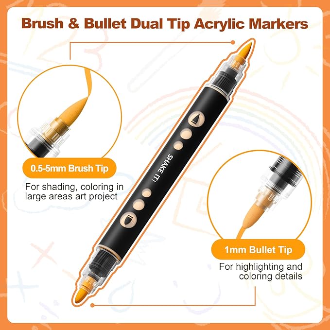SUNEE 48 Colors Acrylic Paint Markers, Dual Tip Bullet & Brush Paint Pens with Automatic Ink Control System, Art Supplies for Adults & Teens, for Rock, Wood, Canvas, Glass Creative Projects