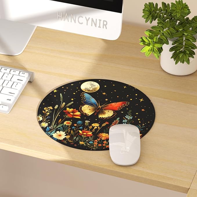 Mouse Pad for Desk, Butterfly Floral Small Cute Mousepad with Non-Slip Base, Round Mouse Pads for Wireless Mouse Laptop Gaming, Computer Mouse Mat for Home Office Travel Desk Accessories