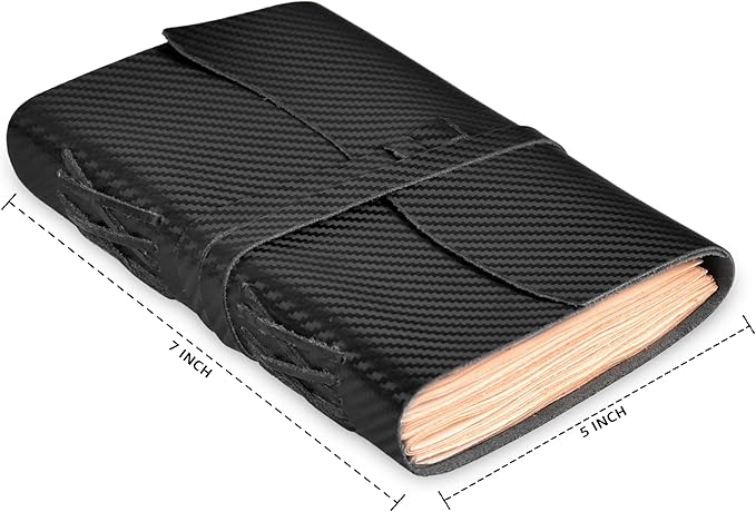 LEATHER VILLAGE Carbon Fiber Genuine Leather Bound Journal - 7'' x 5'', 220 Pages - Vintage Blank Paper Diary for Writing, Drawing, Sketchbook, and Travel Notebook - Ideal for Women and Men- Black