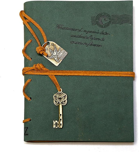 EvZ Leather Writing Journal Notebook, Classic Key Bound Retro Vintage Notebook Diary Sketchbook Gifts with Unlined Travel Journals to Write in for Girls and Boys Notepad Guest Book, Dark Green