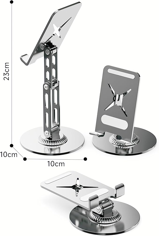 All-Metal Cell Phone Stand 360° Rotatable & Height Adjustable - 25KG Super Load-Bearing, Foldable Desk Stand for Phone & Tablet, Compatible with iPhone 17/16/15/14, Nintendo Switch, Silver