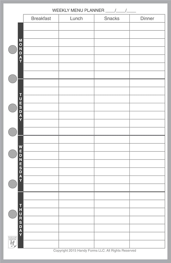 Classic Size Menu Planner and Shopping List, Sized and Punched with 7 Holes for 7-Ring Notebooks Such as Franklin, etc. (5.5" x 8.5")