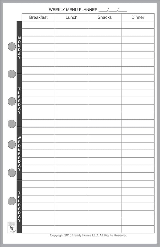 Classic Size Menu Planner and Shopping List, Sized and Punched with 7 Holes for 7-Ring Notebooks Such as Franklin, etc. (5.5" x 8.5")