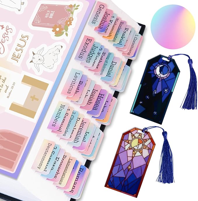 Bible Tabs with Acrylic Bookmark, Laminated Bible Tabs for Women Men, Christian Gifts, Large Print Bible Tabs for Easy Navigation, Bible Book Index Tabs Labels, Bible Study Supplies, Rainbow