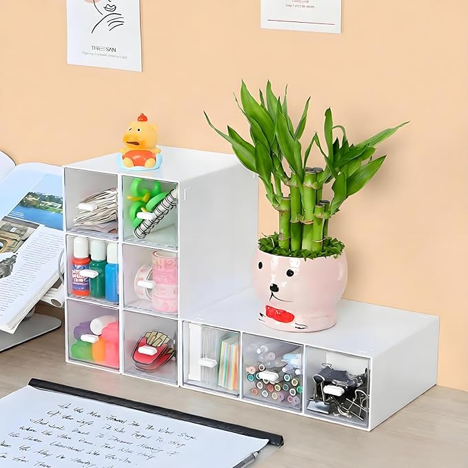 Desktop Drawers, Desk Organizer with 9 Drawers, Stackable Plastic Storage Box for Home Collection, Cosmetics, Jewelry, Office Supplies (3 Tiers, White)