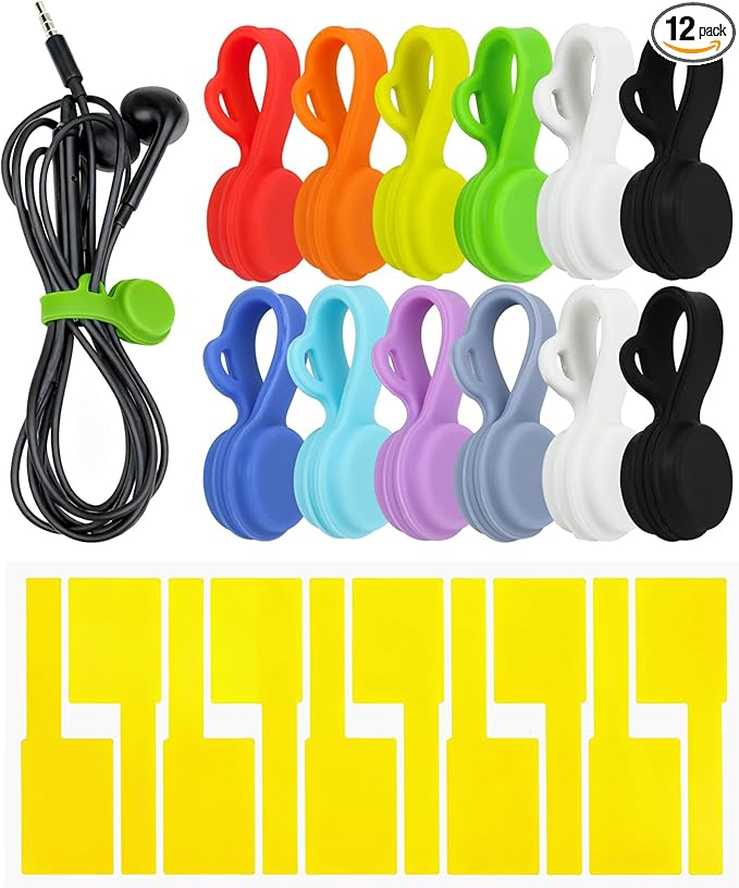 12pcs Silicone Magnetic Cord Organizer Cable Ties Reusable Clips, Cable Straps Phone Cord Holder for Bundling and Organizing, Book Marks, Fridge Magnets Colorful