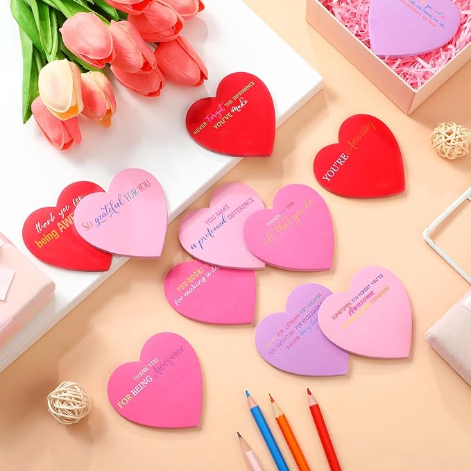 Teling 24 Pack Valentine's Day Sticky Notes Heart Shape Sticky Notes 3 x 3 Inch Thank You Notepads Bulk Cute Memo Pads for Valentines Party Gifts School Office Supplies (Red Pink Purple)