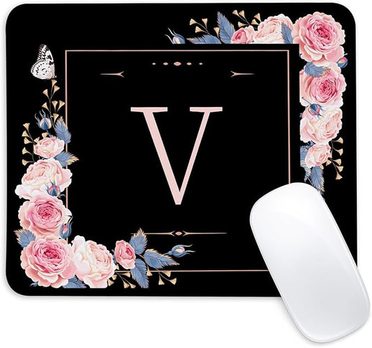 Letter V Black and Pink Flowers Square Mouse Pad, Mouse Pad with Stitched Edge and Non-Slip Rubber Base,Mouse Mat,Home Office Decor Desk Accessories,9.4x7.8x0.12 inch Square Mouse Pad