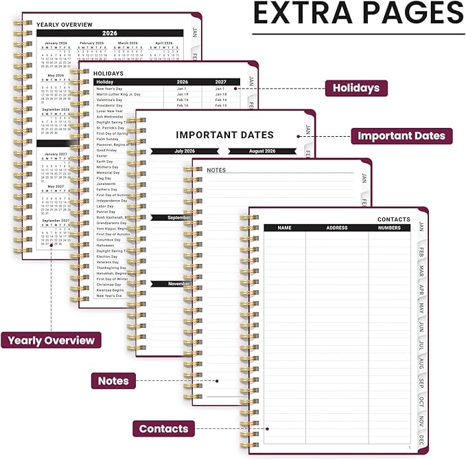 2026 Planner, Weekly and Monthly Calendar Planner, January 2026 - December 2026, Hardcover 2026 Calendar Book with Tabs For Women & Men, Inner Pocket, Spiral Bound, Perfect for Office Home School Supplies - A4 (8.5" x 11"), Crabberry Red