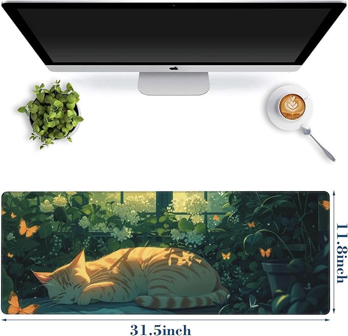 Orange Cat Sleeping in Garden Mouse Pad Desk Mat Large Gaming Mousepad Extended Computer Keyboard Mat with Non-Slip Rubber Base and Stitched Edge 11.8 x 31.5 Inch for Gaming and Office Work