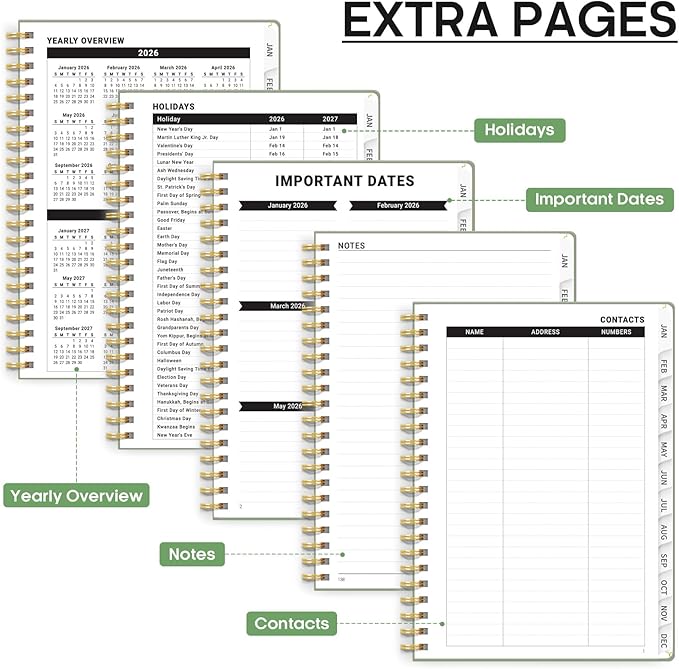 2026 Planner, Weekly and Monthly Calendar Planner, January 2026 - December 2026, Hardcover 2026 Calendar Book with Tabs For Women & Men, Inner Pocket, Spiral Bound, Perfect for Office Home School Supplies - A4 (8.5" x 11"), Green