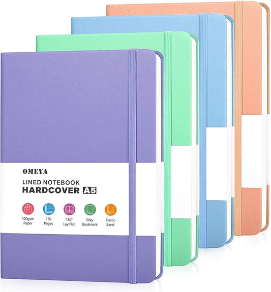 OMEYA 4 Pack Lined Journal Notebooks for Work, Leather Journal for Writing, 100gsm Thick Paper, 5.7"x 8.3", Hardcover Notebook Bulk, A5 Notebooks for School, Office, Notebooks for Notes-taking