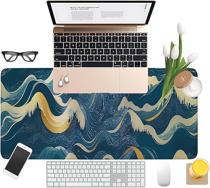 Abstract Waves Extended Mouse Pad XL 31.5"x11.8" – Elegant Blue Gold Desk Mat – Non-Slip Rubber Base, Stitched Edges