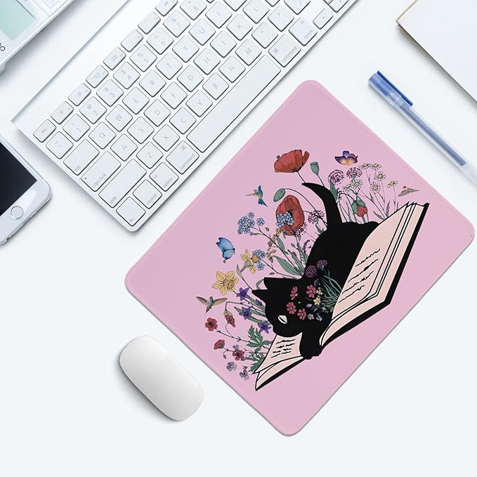 Kawaii Mouse Pads,Cute Black Cat Mouse Pad,Girly Pink Floral Desk Mat for Home Office Dorm Desktop Decor,Cat Lover Gift,10.2x8.2 Inch