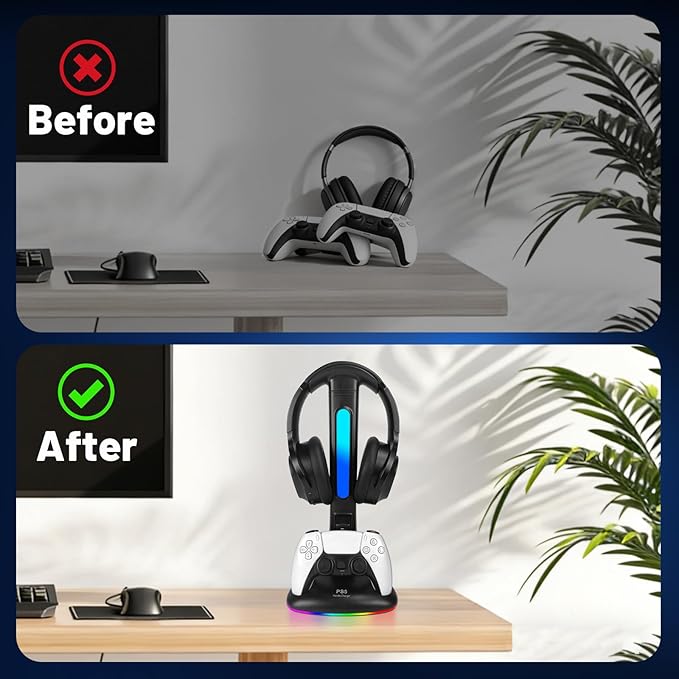 PS5 Controller Charger with RGB Headphone Stand, PS5 Controller Charging Station with 2 USB Port, Headset and Controllers Stand Holder for PlayStation 5, Gaming Gifts for Gamers Men
