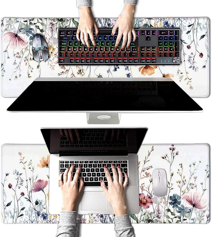 Wildflowers Flower Floral Large Mouse Pad, Desk Mat Computer Keyboard Pad Non-Slip Rubber Base Waterproof with Stitched Edges for Laptop Gaming, Office & Home 31.5 x 11.8 Inch