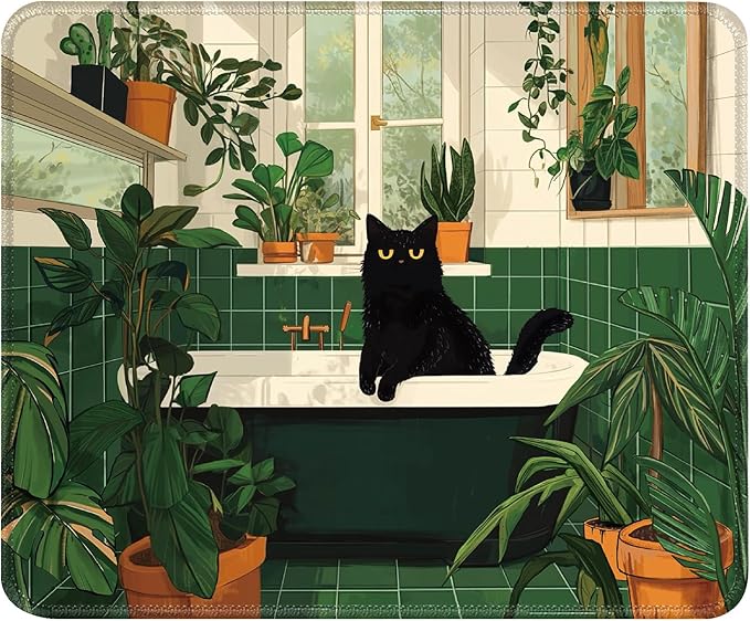 Cute Black Cat Desk Pad Mat with Stitched Edges and Non-Slip Rubber Base, Premium-Textured Mouse Pad for Laptop, Computer & PC, Gaming & Working, Waterproof Mousepad