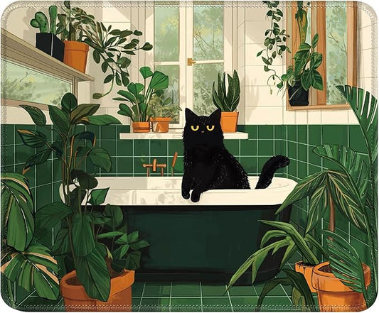 Cute Black Cat Desk Pad Mat with Stitched Edges and Non-Slip Rubber Base, Premium-Textured Mouse Pad for Laptop, Computer & PC, Gaming & Working, Waterproof Mousepad