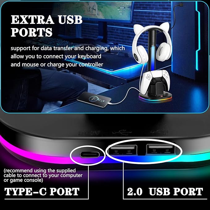 PS5 Controller Charging Station with RGB Headphone Stand, PS5 Controller Charger Holder with 2 USB Port, Headset Stand for PlayStation 5 & DualSense Edge Controllers Charging Dock