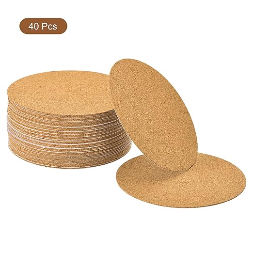 Uxcell 40 Pcs Self-Adhesive Cork Round Coasters, 3.75" x 3.75" Brown