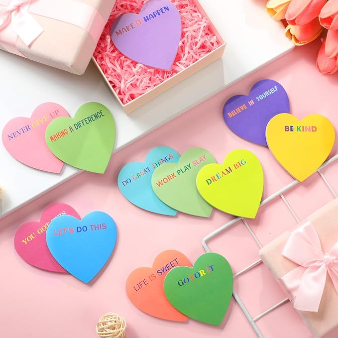 Teling 24 Pack Valentine's Day Sticky Notes Heart Shape Sticky Notes 3 x 3 Inch Inspirational Notepads Bulk Cute Memo Pads for Galentines Party Gifts School Office Supplies (Bright)
