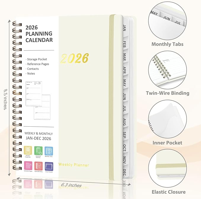2026 Planner, Weekly and Monthly Calendar Planning Agenda, Jan - Dec 2026, Academic Planner Book, Desk Accessories and Office School Supplies - A5 (6.3'' x 8.5'')