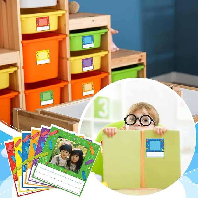 36 Pcs Kids Photo Nameplates for Desk Kids Name Tags Labels Stickers with Photo Space Self-Adhesive Labels Bulletin Board Colorful Classroom Decoration for Desk Bins Cubbies Office (Crayon)