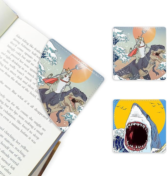 2 Pack Funny Cat and Shark Leather Book Corner Bookmark, Durable Handmade Reading Accessories - Gifts for Readers, Women, Men, Teachers, Students