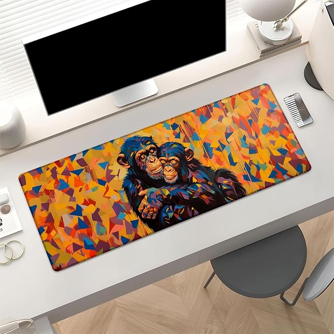Colorful Chimpanzee Gaming Mouse Pad, Cute Monkeys Hugging Large Desk Mat for Computer, Extended Keyboard Laptop Mouse Pads 31.5×11.8in, Non Slip Rubber Mousepad for Office Decor Gifts