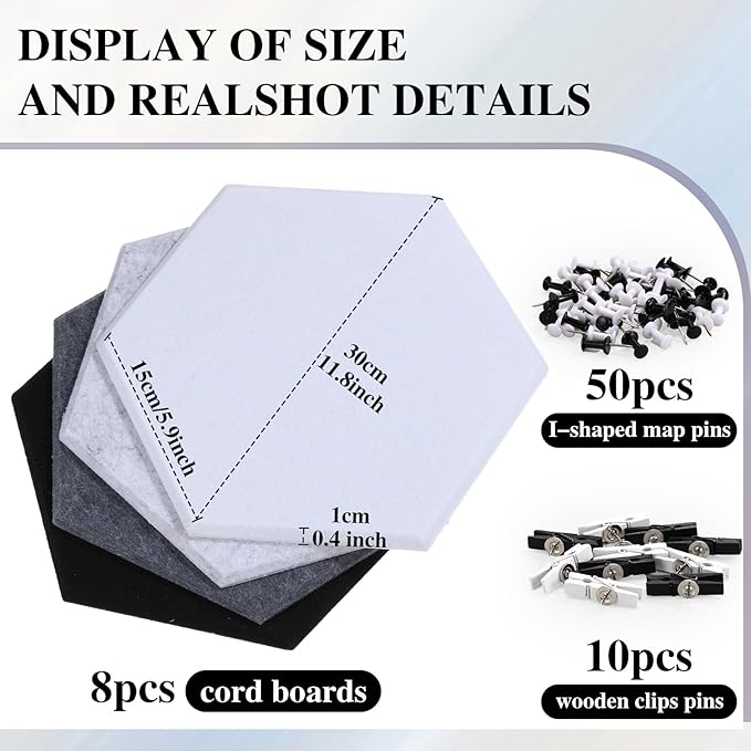 8 Pcs 12" Large Hexagon Felt Cork Board Tiles Self Adhesive DIY Bulletin Board Pin for Office Home Wall Decor Stickers Memos Photos Display with 10 Multi-Color Clip Drawing Pins(Black White)