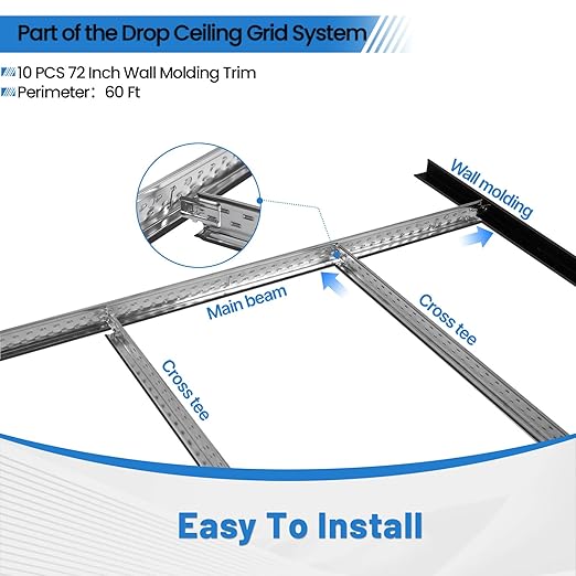 10 PCS 72 Inch Wall Molding Trim Drop Ceiling Grid System 6Ft Galvanized Steel Rust & Fire Resistance Easy Installation Ideal for Basement Living Room Kitchen Bathroom Black
