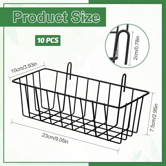 10Pcs Grid Panel Hanging Wire Basket Metal Grid Wall Basket No Drilling Wall Storage Basket for Kitchen, Home Decor Supplies, Potted Plants, Black