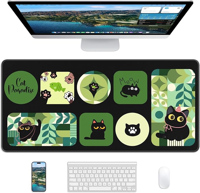 XL Gaming Mouse Pad, 31.5x17.5'' Large Desk Mat with Anti-Slip Rubber Base & Stitched Edges for Gaming, Office, Home - Cute Kitty