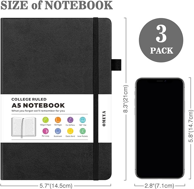 Lined Journal Notebook, 3 Pack A5 College Ruled Notebooks for Work, Hardcover Notebook Each with 2 Pockets & Pen, Leather Journal for Women, Men, 160 Pages, 100GSM Thick Paper (Black, Brown, Grey)