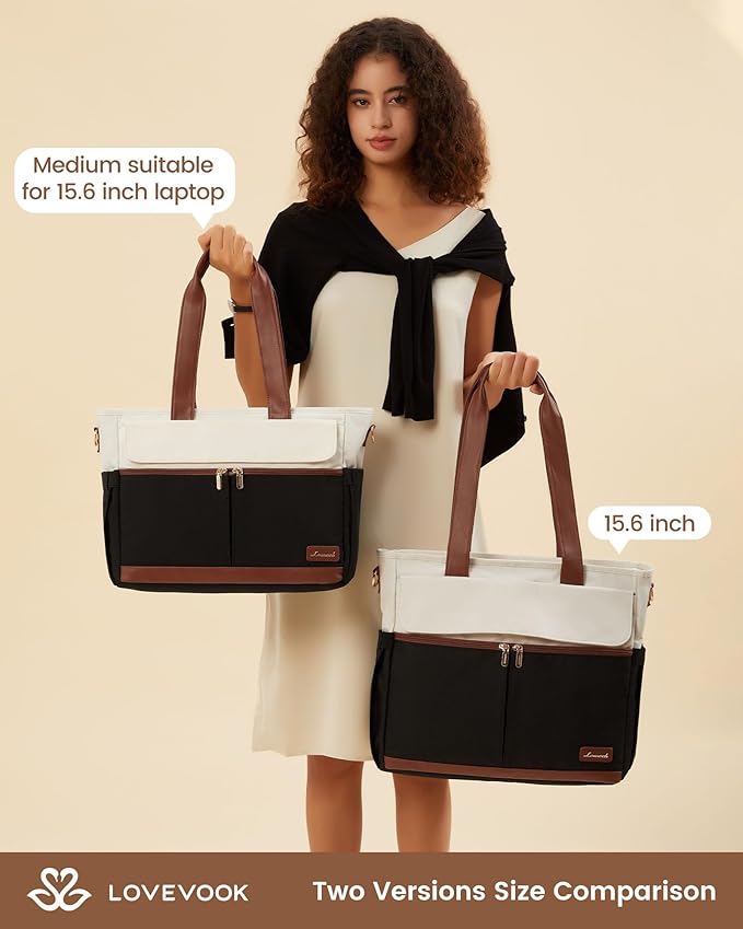 LOVEVOOK Teacher Tote Bag for Women, 15.6 Inch Laptop Bag with Inside Large Cup Pocket, Large Capacity&Multi-Pockets Nurse Work Bag, Professional Briefcase Business Purse Handbag Gifts, Black Brown