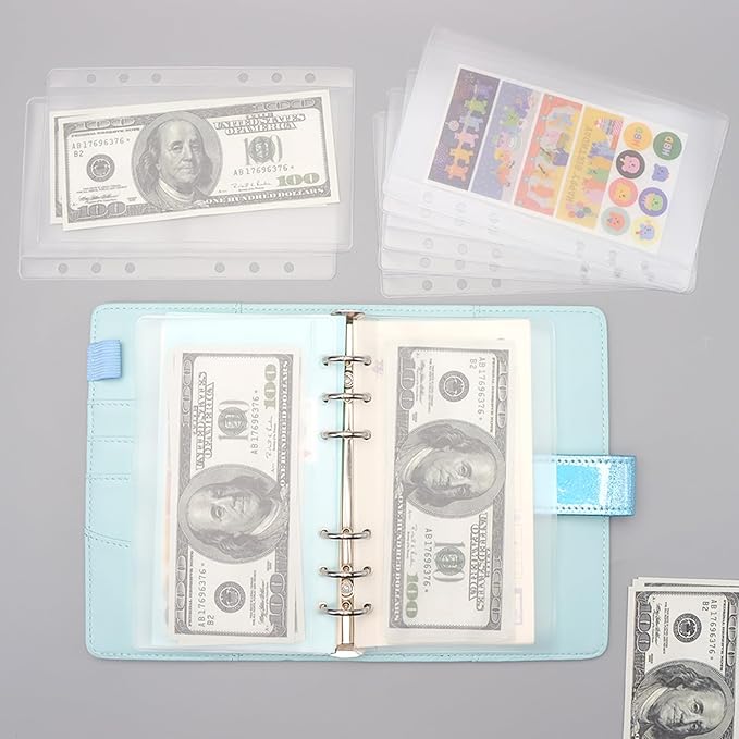NatSumeBasics 24 A6 Binder Pockets, Cash Envelopes, 3.5" x 6.5" Frost Sleeves Sheet Protector, 6 Rings Binder Sleeve for Organizer, Photos Cards Bills (A6)