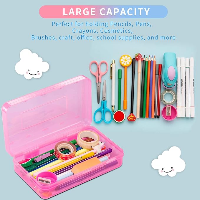 Sooez Plastic Pencil Case Box 6 Pack, Colored Large Craft Storage Bulk, Plastic Containers with Snap-tight Lids, Hobby Art School Supply Organizer, Marker Bead Pen Bins Organizer,Stackable, Clear