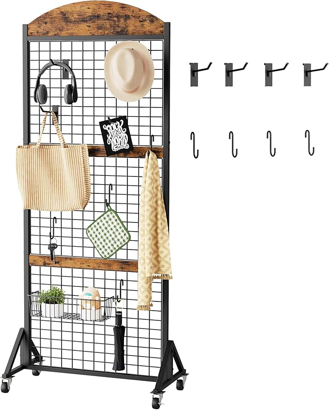 Grid Wall Panel 5.7’ x 2’ FT Grid Display Rack, Movable Gridwall Display Stand with Wheels,Floorstanding Wire Grid Rack with 4 S-Shaped Hooks and 4 Garment Hooks Rustic Brown and Black TCJ17BF