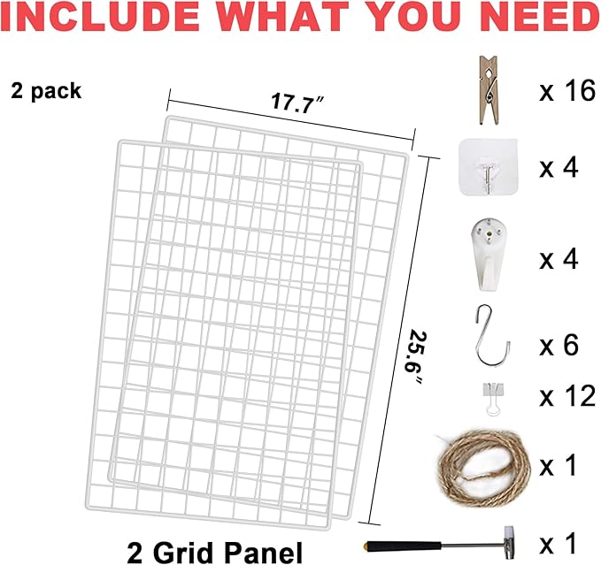 C&AHOME Photo Wall Display Set of 2, Grid Panel with Hooks, Clips, Hemp Cord, Hammer - 17.7" x 25.6", White UWWGM4565W