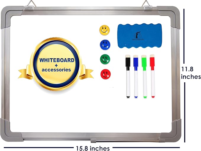 Whiteboard Set - 15 x 12 in Dry Erase Board with 1 Magnetic Dry Eraser, 4 Dry Wipe Markers and 4 Magnets - Small White Board Wall Hanging Marker Board for Home and Office (15x12)