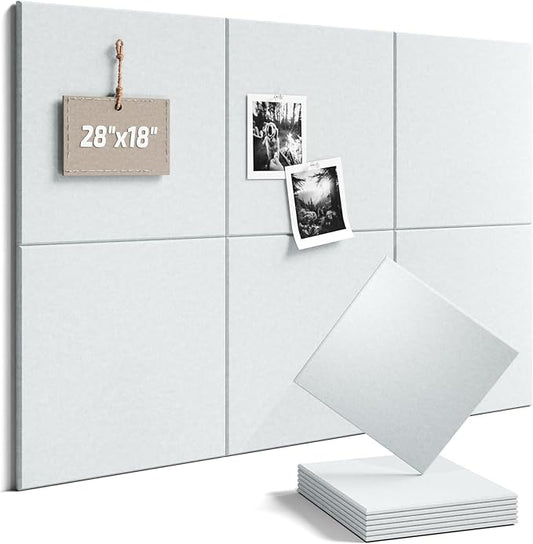 Fluxynara Felt Bulletin Board Tiles -28"x18" Cork Board Alternative for Office Decor, Push Pin Board Wall Organizer 6-Pack - Cold White