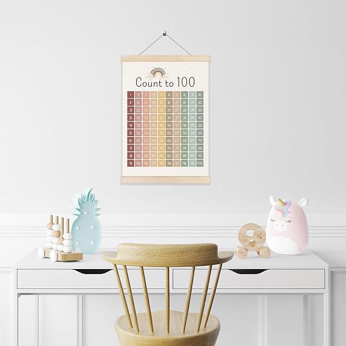 Koesus Boho Classroom Number Chart 1-100 Wall Art Poster Hanger Frame 12x16 Inch, Count to 100 Educational Learning Canvas Pictures Prints Framed Wall Decor for Kids Room Nursery Preschool Classroom