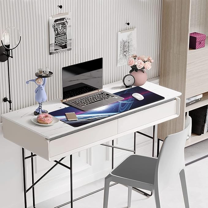 Planets and Nebula in Space Extended Gaming Mouse Pad Large Desk Mat with Non-Slip Rubber Base and Stitched Edges,Keyboard Mouse Mat Desk Pad for Work,Game,Office,Home 35.4 * 15.7 Inch